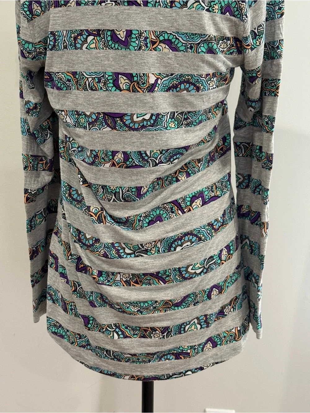 LuLaRoe S Striped Gray Long-Sleeve Top with Teal & Purple Paisley Accent 064
